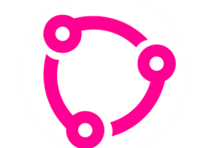 Magenta circular network logo with three nodes connected by curved segments around a white circle