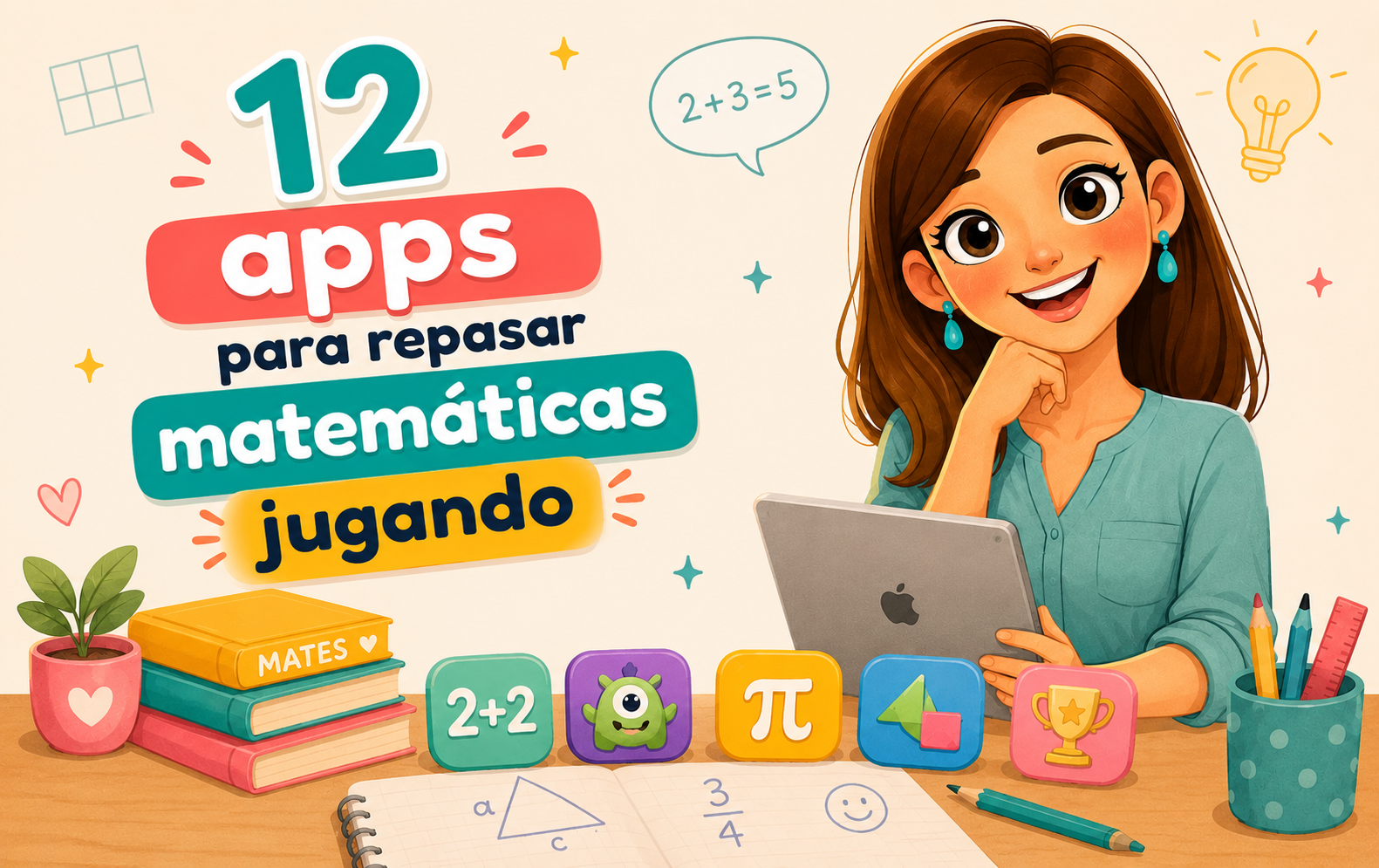 Ilustración educativa: una chica sonriente con un portátil, rodeada de libros y juguetes de matemáticas; título 12 apps para repasar matemáticas jugando.