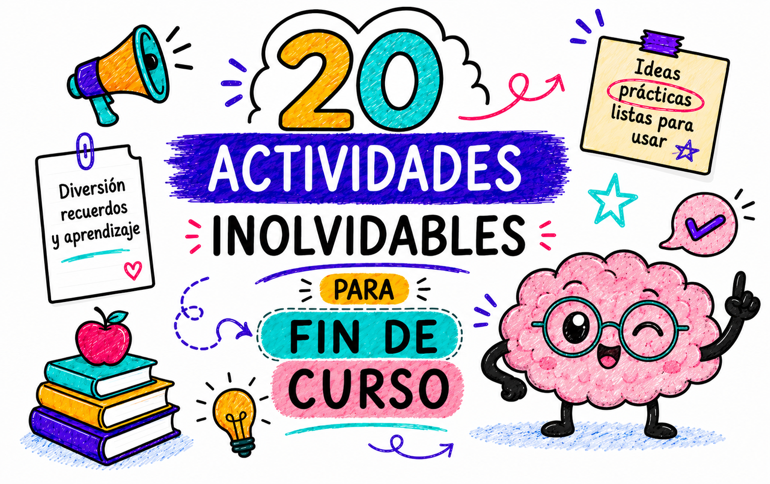 Colorful illustration announcing '20 Actividades Inolvidables para Fin de Curso' with doodles like a megaphone, brain, books and stars.