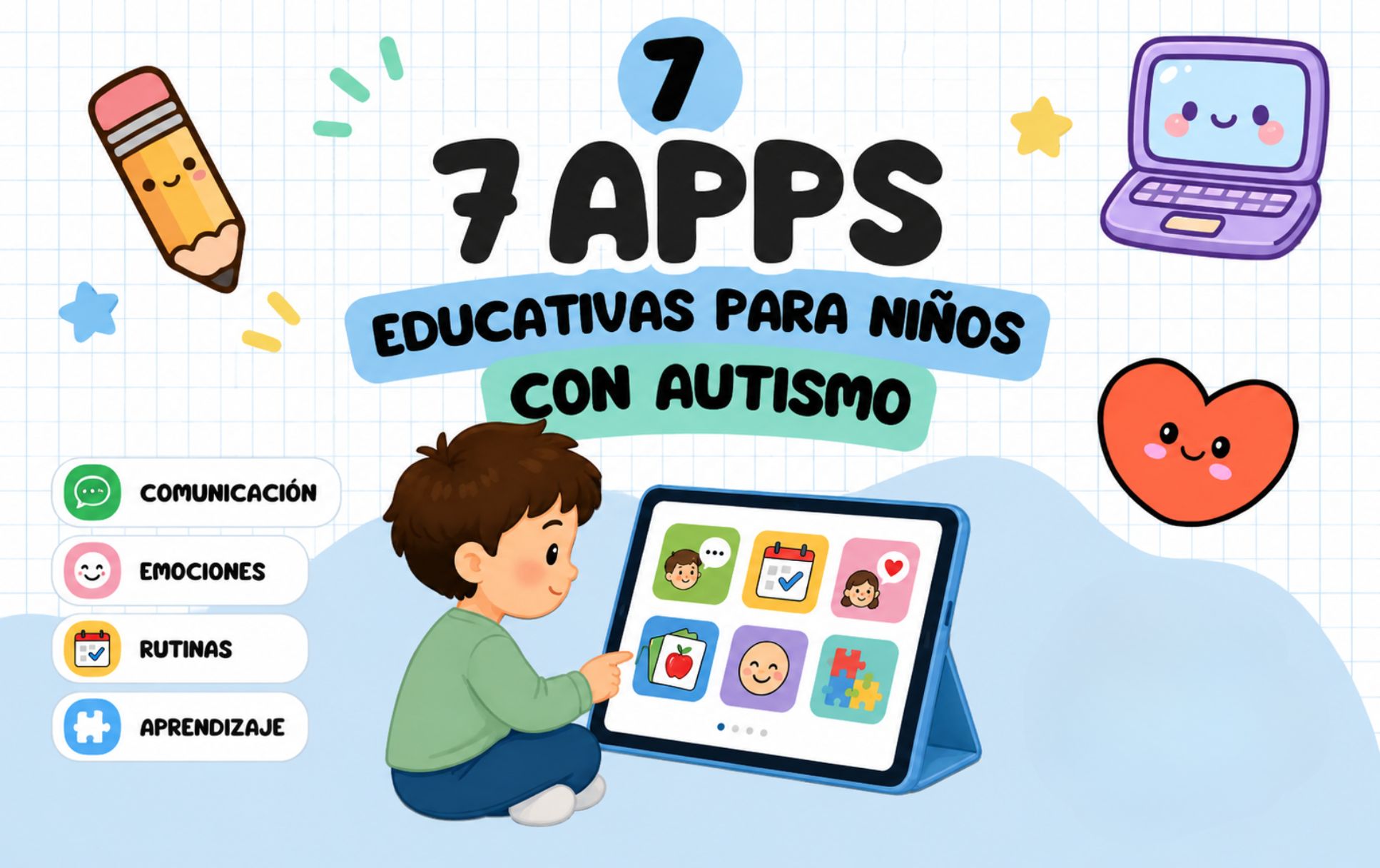 Colorful banner promoting 7 educational apps for kids with autism; shows a child using a tablet with app icons, pencil and laptop illustrations around.
