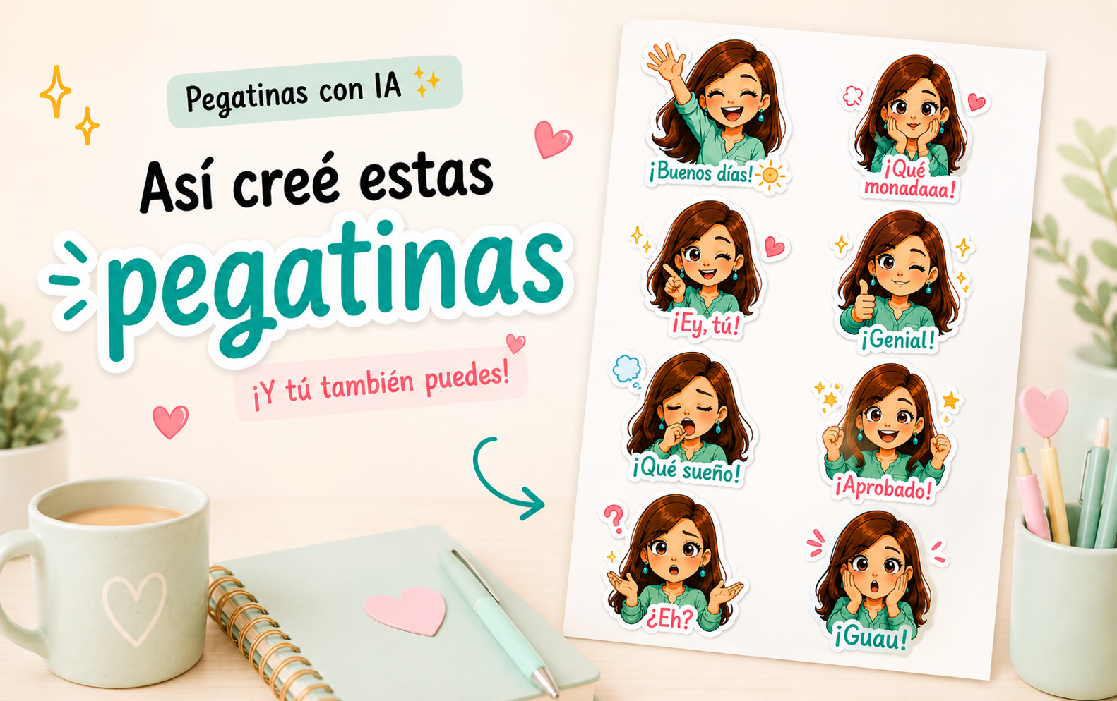 Promotional banner for AI stickers in Spanish, showing 'Así creé estas pegatinas' and a sheet of cute stickers on the right.