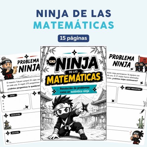 Book cover for 'Ninja de las Matemáticas' showing a ninja in a dynamic pose with '15 páginas' badge, in a black-and-white comic style cover image.