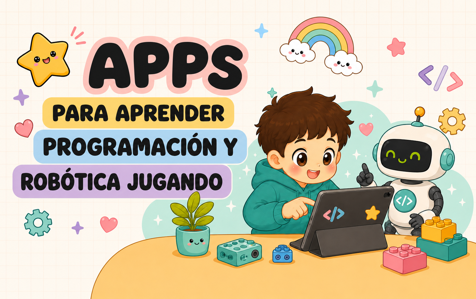 Banner with a smiling child and friendly robot at a tablet, promoting learning programming and robotics through apps (text in Spanish).
