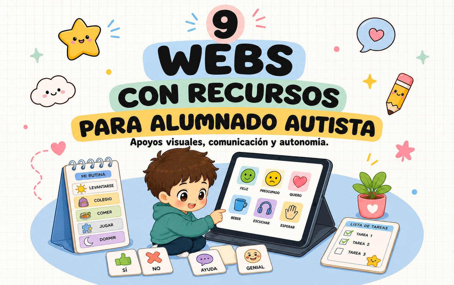 Portada ilustrada en español sobre 9 webs con recursos para alumnado autista; un niño usa una tableta.