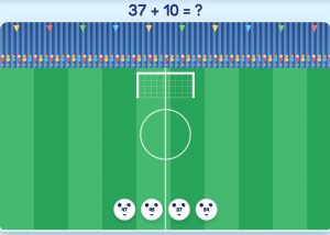 Illustration of a soccer stadium with a math puzzle '37 + 10 = ?' above blue stands, a green field, goal, and four panda-number tokens at the bottom (47, 45, 37, 54).