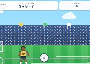 Soccer field scene: player with number 10 near the ball, green pitch, goal on left, crowd in the stands, and a 3+8=? math prompt at the top.