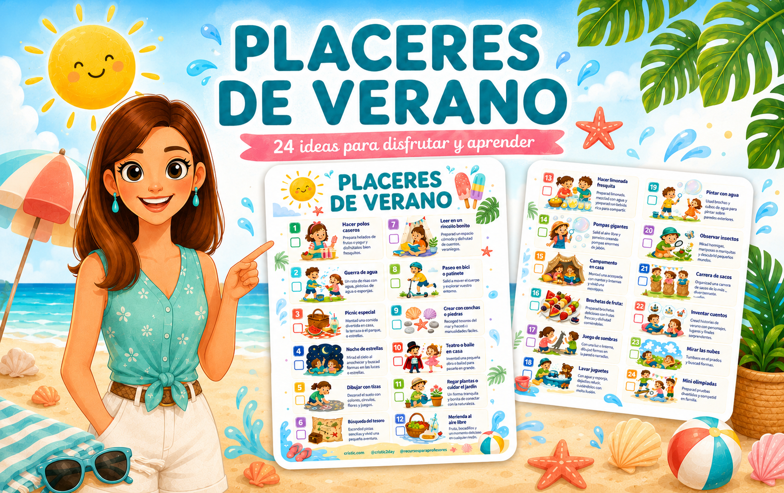 Cheerful girl at a sunny beach promoting a summer activity planner, with two colorful checklists titled 'Placeres de Verano'.