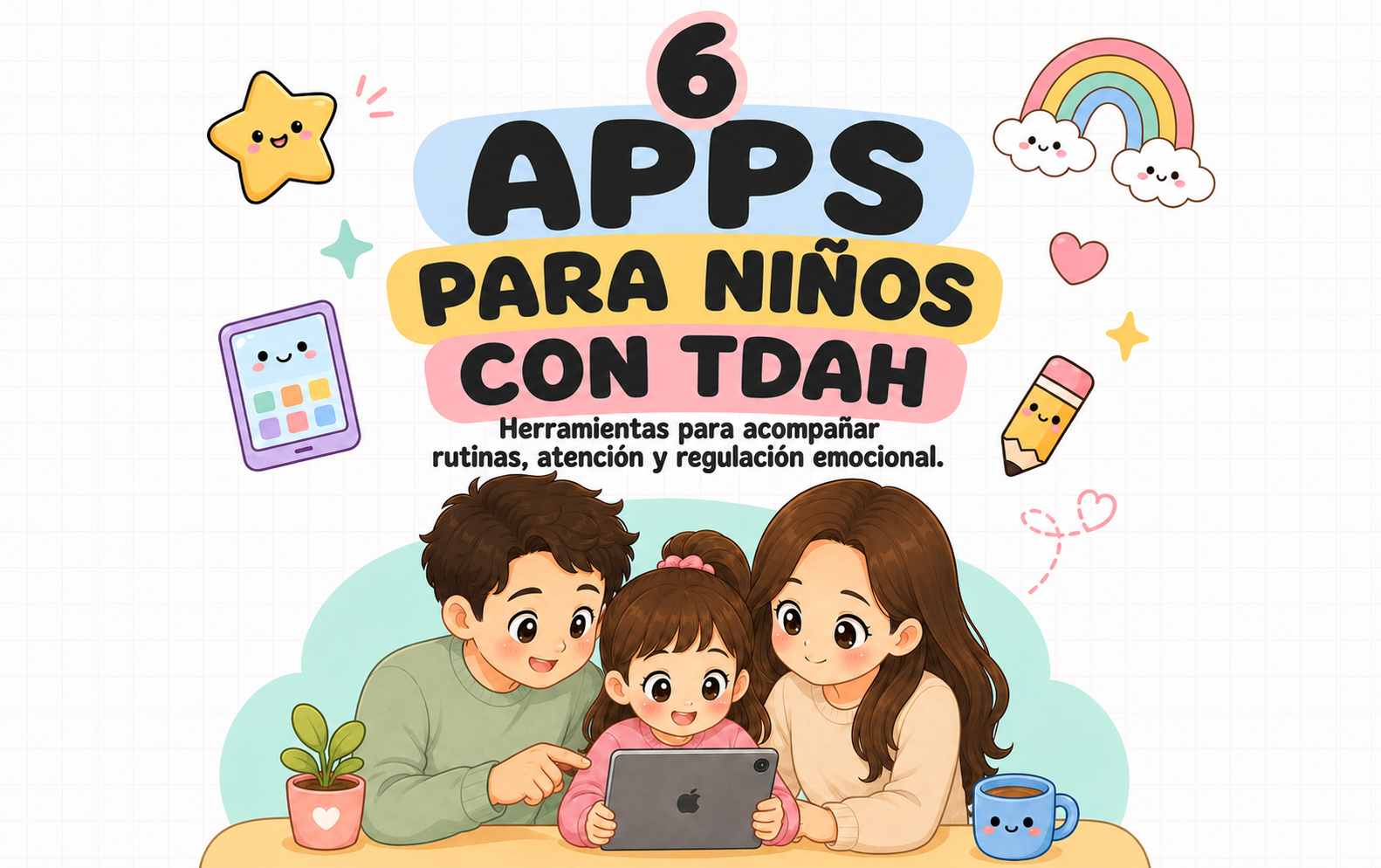 Familia lendo una tableta juntos, sobre un cartel que dice '6 Apps para niños con TDAH' en colores pastel.