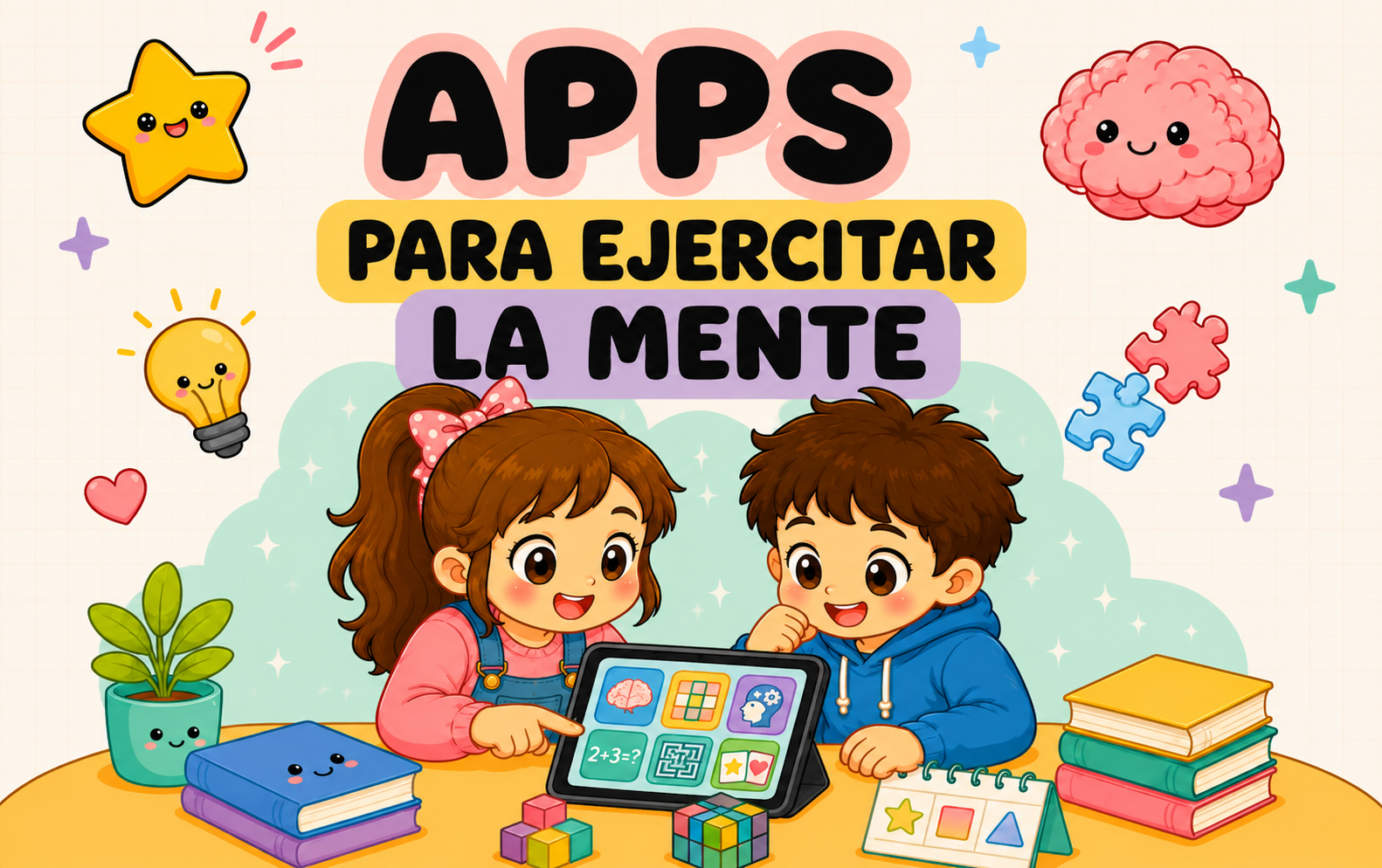 Dos niños sonrientes usan una tableta con juegos educativos; el título en colores dice 'APPS PARA EJERCITAR LA MENTE'.