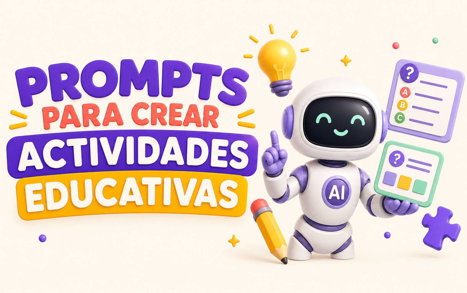 Colorful 3D robot with a pencil and floating cards, advertising prompts to create educational activities in Spanish.