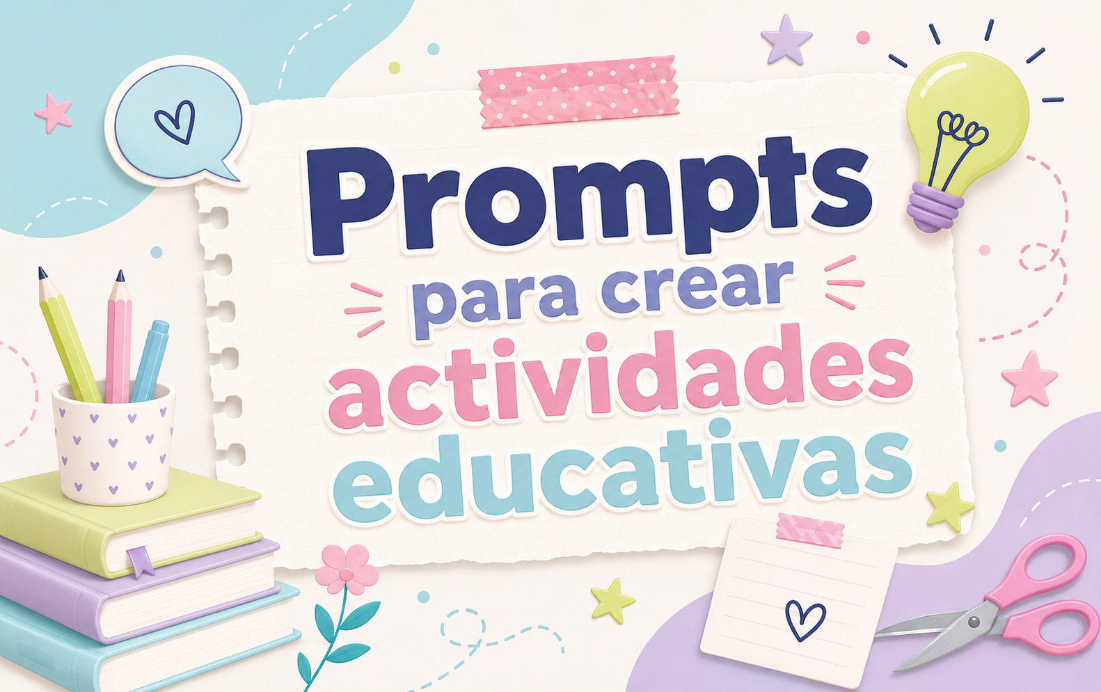 Bright classroom banner that reads Prompts para crear actividades educativas with pencils, books, and a light bulb.