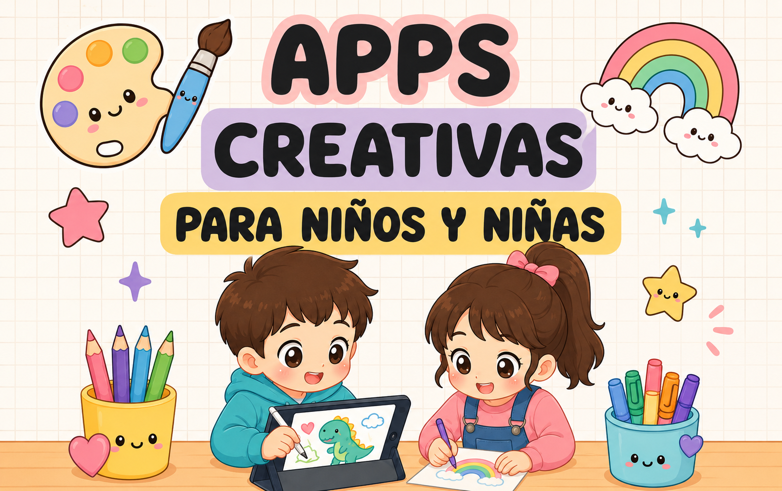 Colorful children’s illustration promoting creative apps for kids; two kids drawing with a tablet and paper.