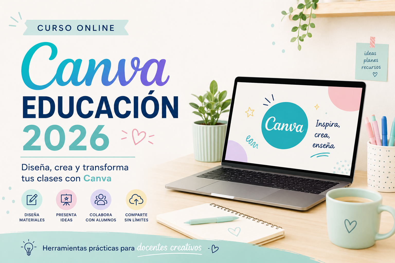 Banner promocional: curso online de Canva para educación 2026 con diseño y creatividad.