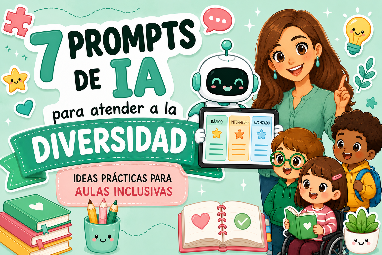 Ilustración colorida de una maestra y niños diversos con una tableta educativa, promoviendo IA para aulas inclusivas.