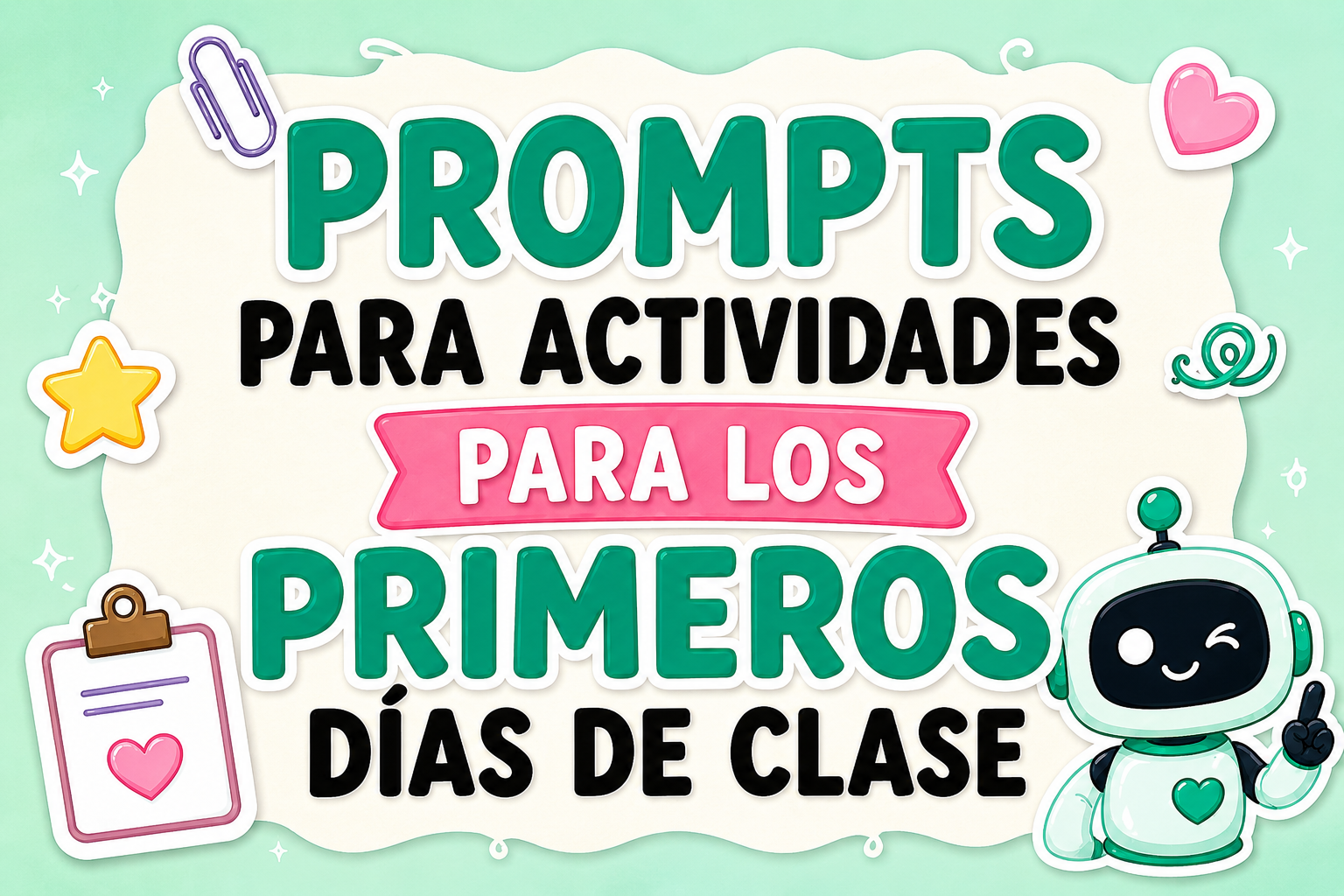 Colorful banner reading 'Prompts para actividades para los primeros días de clase' with a friendly robot and decorative icons on a teal background (informative, for classroom activity prompts).