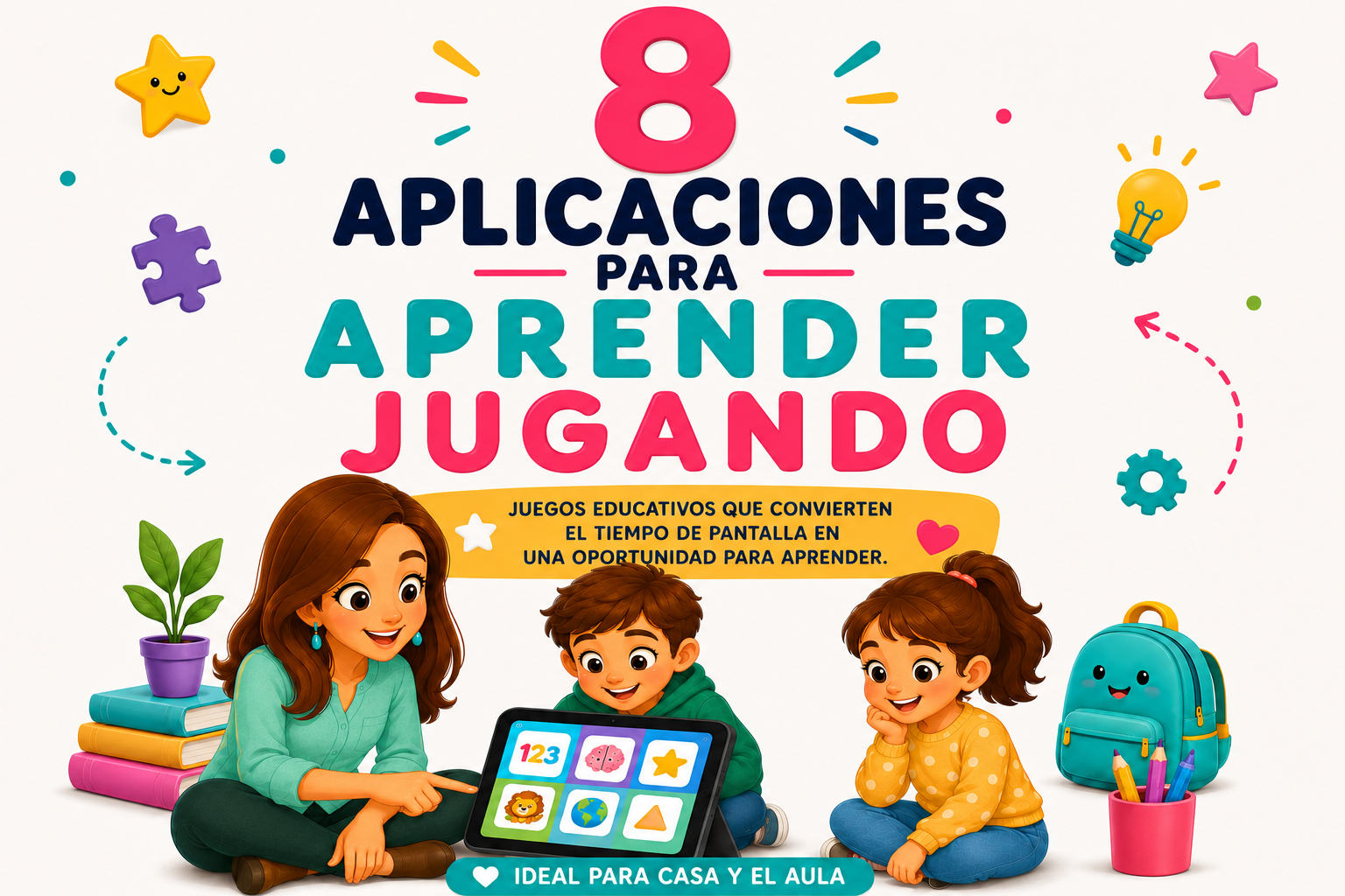 Portada colorida que promociona '8 Aplicaciones para Aprender Jugando', con tres niños usando una tablet.