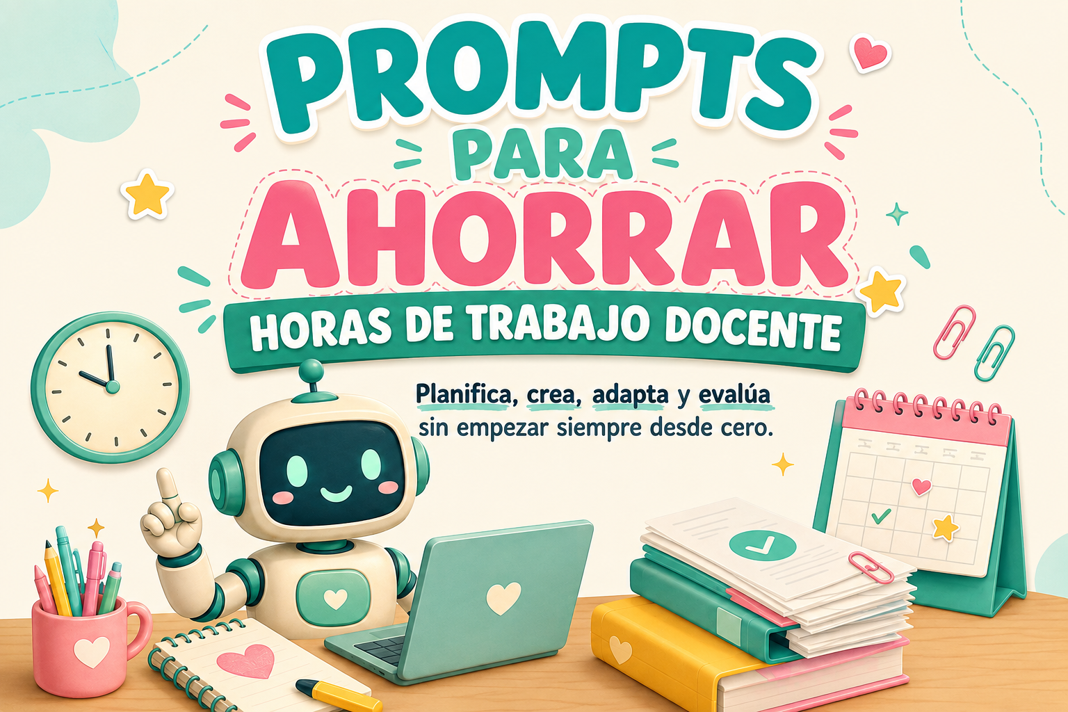 Banner: 'Prompts para ahorrar horas de trabajo docente' with a cheerful robot at a laptop, clock, calendar, and supplies.